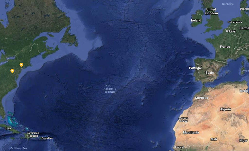 Working overseas, map of Atlantic Ocean