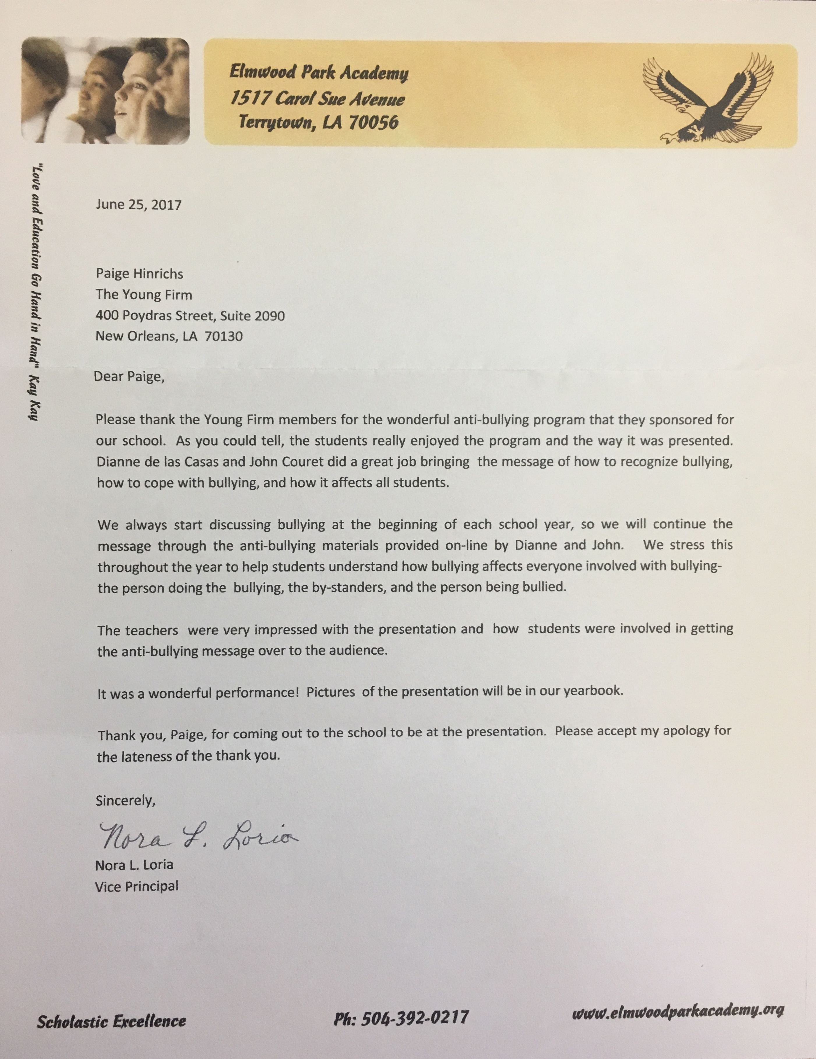 Captain Deadeye Thank You Letter from Elwood Elementary